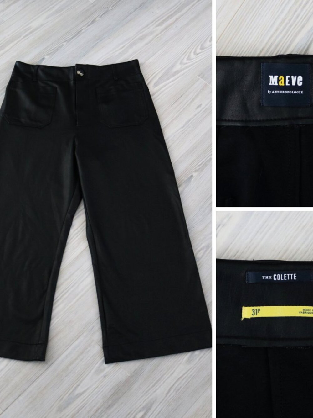 Maeve Colette Cropped Wide‑Leg Black Pants Size 31 Faux Leather Y2K 90s Style